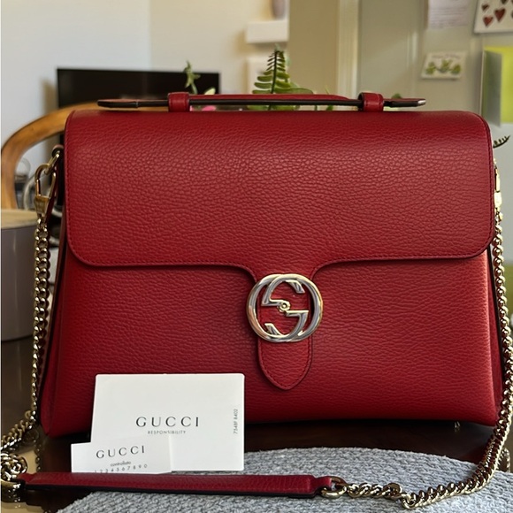 Gucci interlocking  GG hardware leather ER chain top handle shoulder.  NEW - Picture 1 of 9